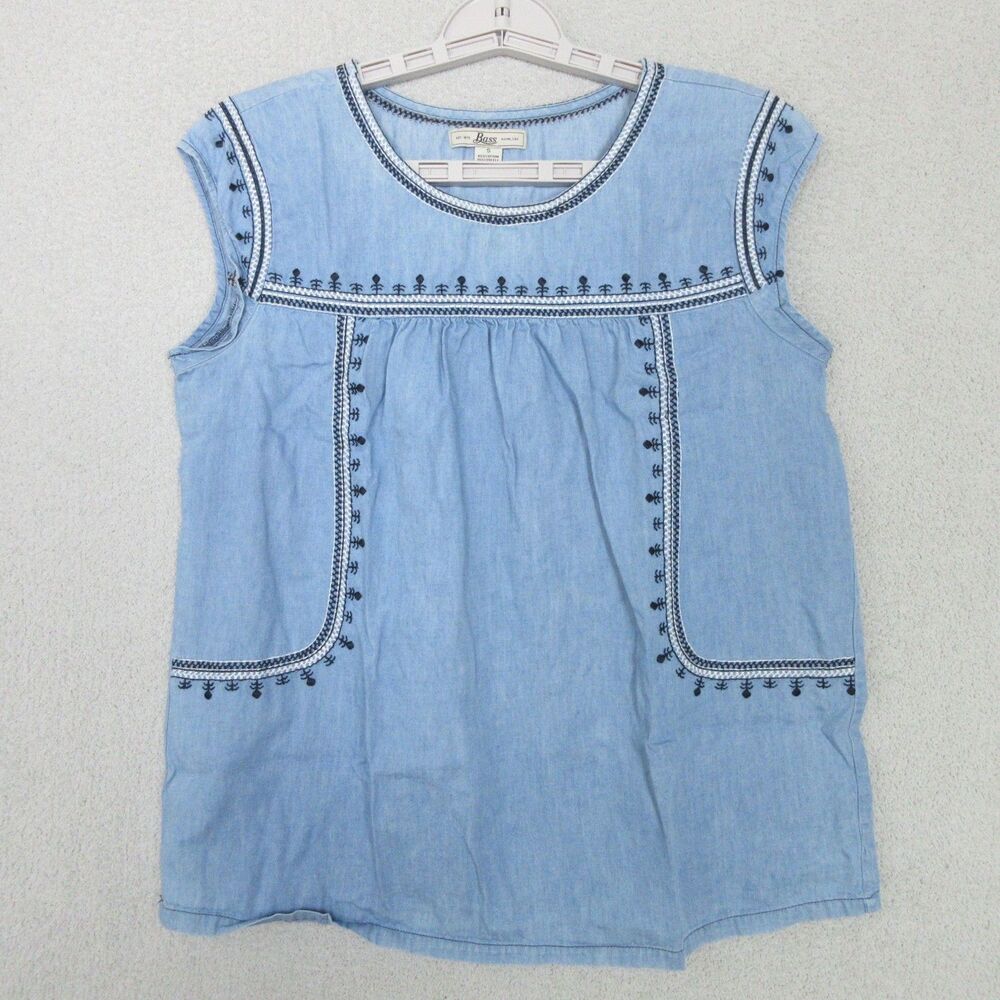 G H Bass Top Womens S Light Blue Embroidered Sleeveless Chambray Tunic Boho